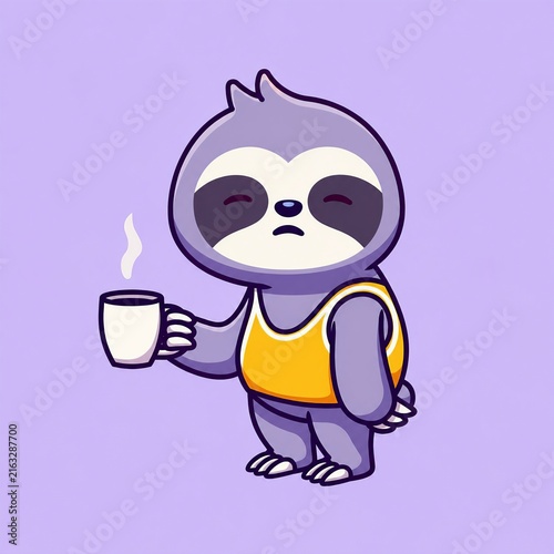 Cartoon raccoon character holding coffee cup looking surprised