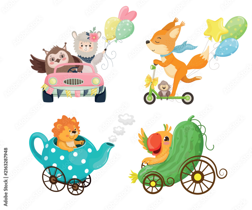 Naklejka premium Vector collection of cute animal characters riding imaginative vehicles including car, scooter, teapot and cucumber for nursery design and kids projects.