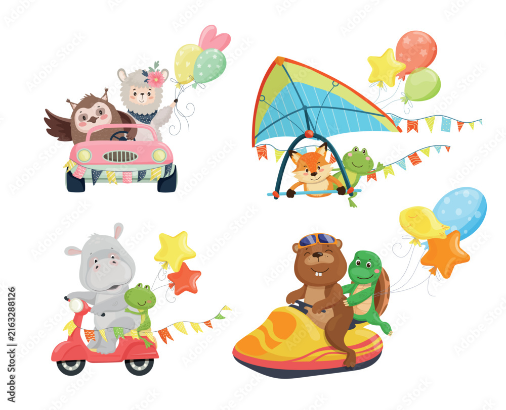 Fototapeta premium Vector set of cute animal characters on fun vehicles including convertible car, hang glider, motor scooter and jet ski for nursery decor and kids design.