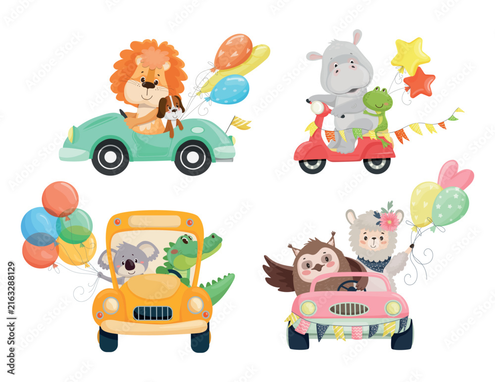 Naklejka premium Vector collection of cute animal characters riding colorful cars, scooter and bus with party balloons and flags for children design and birthday cards.