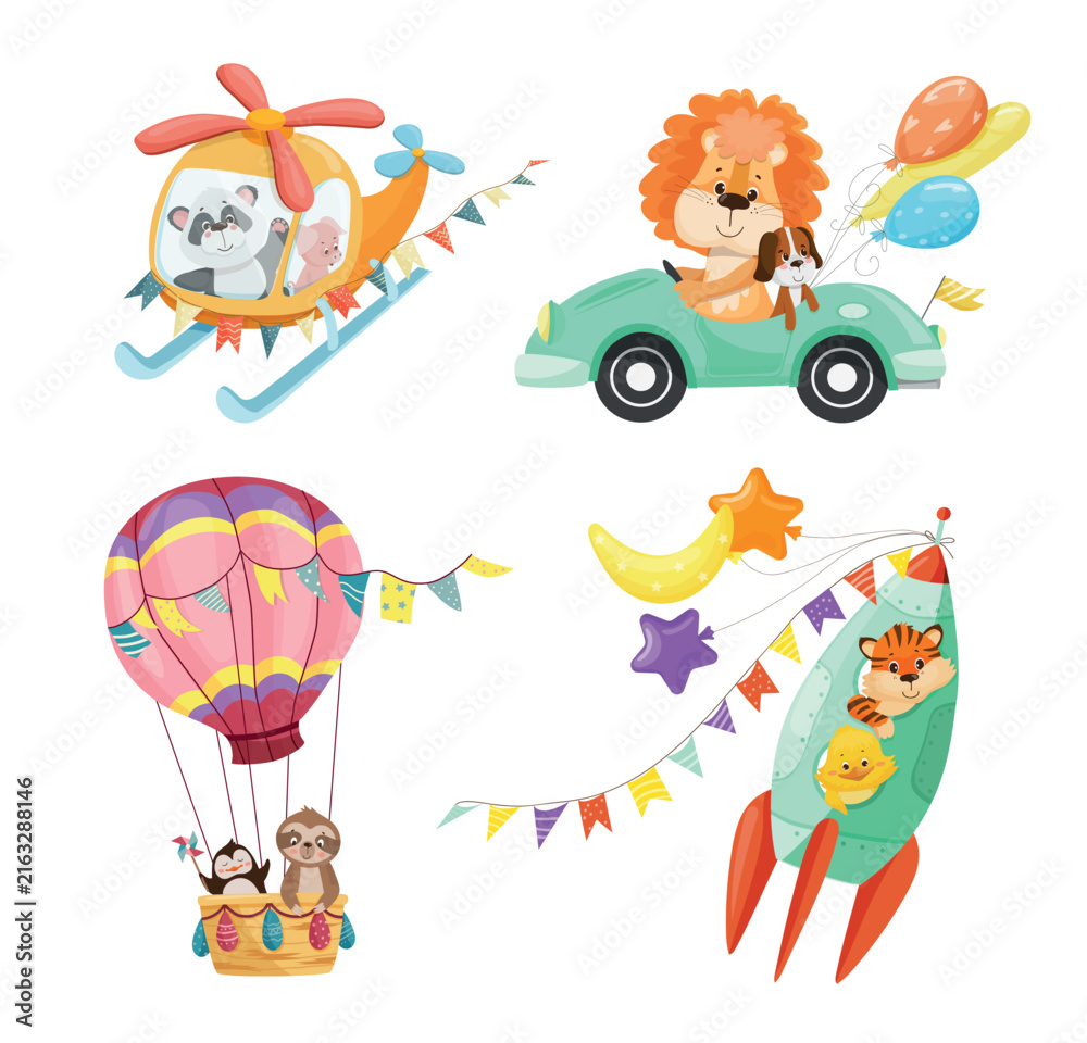 Fototapeta premium Vector set of adorable animal characters traveling by helicopter, car, hot air balloon and space rocket for nursery art and kids design.