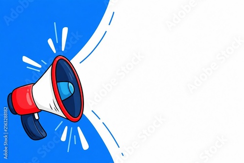 Red and white megaphone amplifying sound with blue spark effects