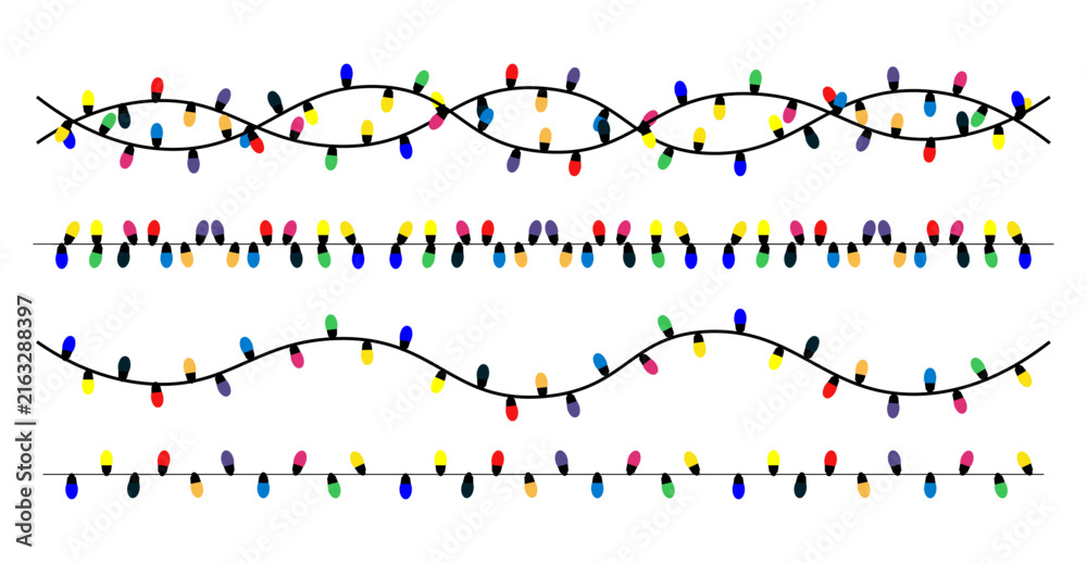 Obraz premium Colorful festive string lights arranged in decorative patterns during nighttime celebrations against a white background