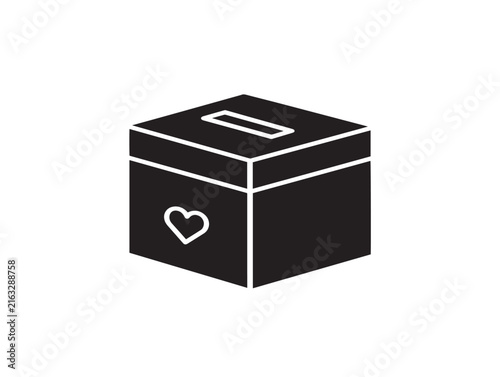 Charity donation box icon. Black silhouette of a contribution container with heart symbol.