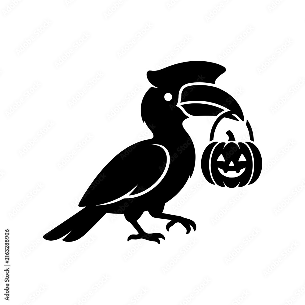 Obraz premium Hornbill carrying pumpkin bucket silhouette shows spooky joy