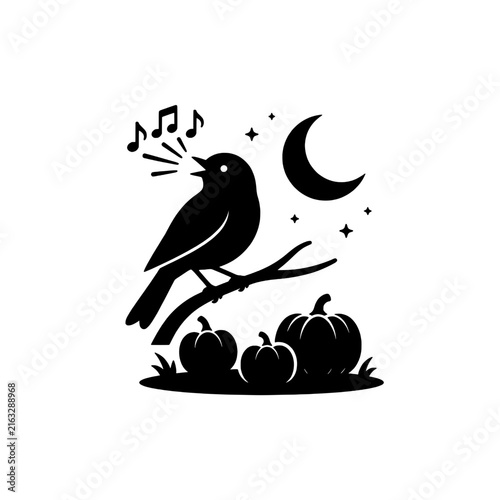 Nightingale singing silhouette with spooky Halloween moon bring joyful vibe
