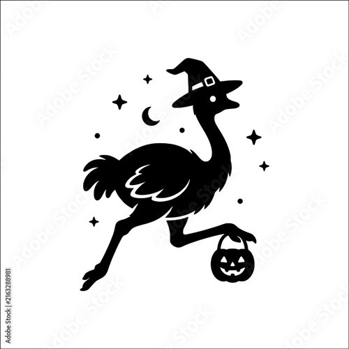Happy ostrich witch running pumpkin silhouette moon star