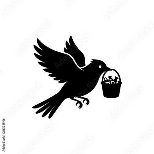 Happy skylark carrying pumpkin silhouette graphic element on transparency background