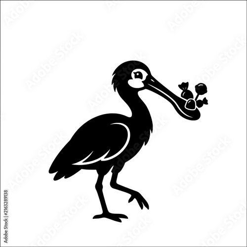 Spoonbill carrying halloween flower silhouette shows happy playful wildlife