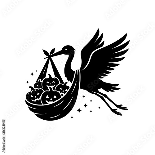Stork delivering halloween treat silhouette brings joyful magical surprise