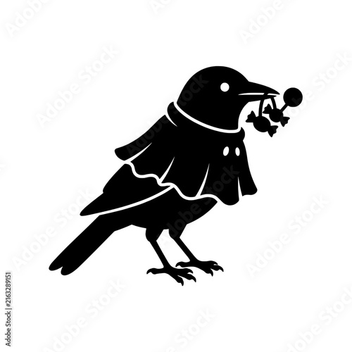 Spooky starling bird wearing costume holding candy with playful mood