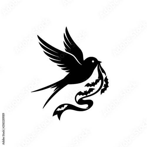 Swift flying bird carries ribbon joyful silhouette outline graphic