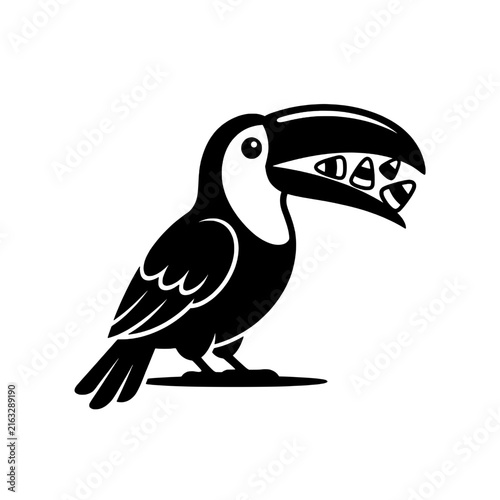 Happy toucan bird holding sweet candy inside beak silhouette graphic element