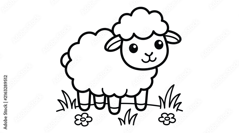 Obraz premium Cute little sheep standing in a meadow with flowers for children coloring book page line art