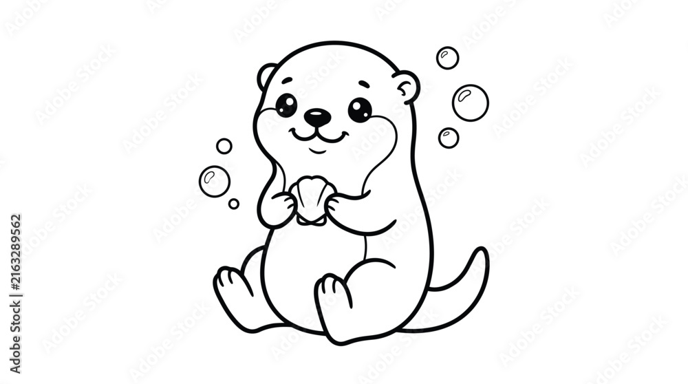 Obraz premium Cute cartoon otter holding a small shell surrounded by bubbles for kids coloring book page design