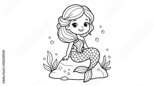 Foto Cute little mermaid sitting on a rock underwater for children coloring book page
