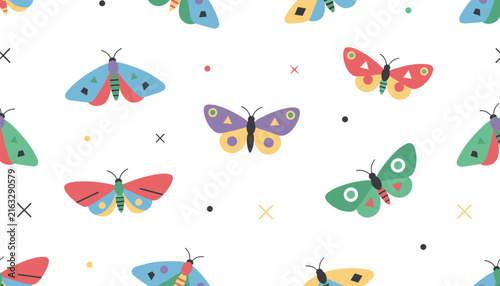 Colorful seamless pattern of various butterflies and moths with different wing shapes and patterns on a white background.