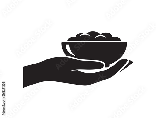 Hand holding a bowl of food icon. Charity donation symbol for hunger relief and support.