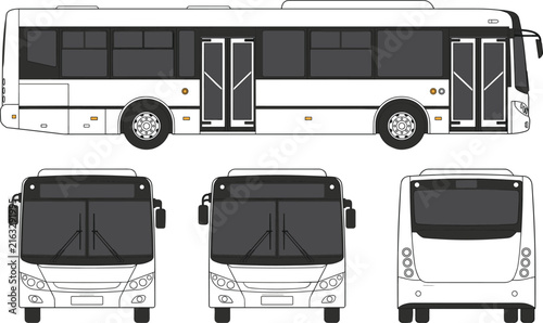 Set of public transit bus technical drawings showing front, rear, and lateral profile vectors for vehicle branding.
