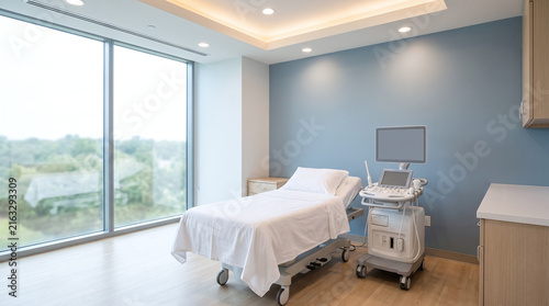 Empty modern obstetric examination room with ultrasound machine and natural light