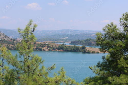 Scenic River Lake Landscape with Green Hills for Hiking Camping Tourism and Boating