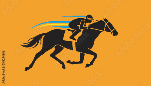 Silhouette of a professional jockey racing a black horse with yellow and blue motion lines on an orange background.