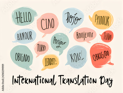 International translation day speech bubbles with hello greetings in various languages