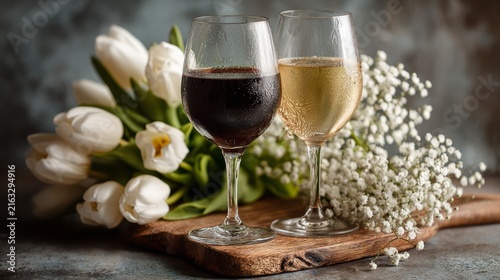 Wine and cheese arranged with white flowers on a rustic table, elegant dining scene, cozy celebration, romantic dinner, wine night.