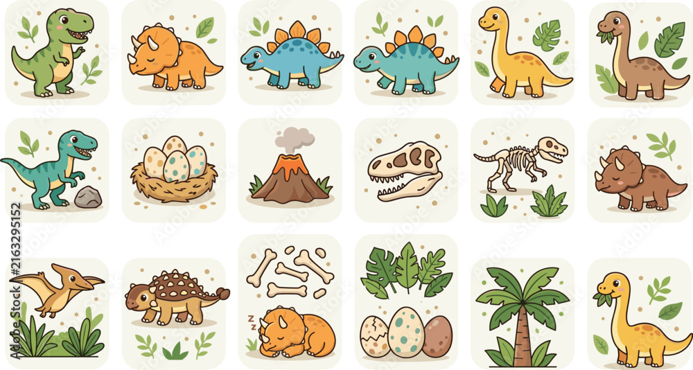 Obraz premium Cute cartoon dinosaur icon collection with little dinosaurs eggs fossils volcano palm tree prehistoric animals vector illustration bundle