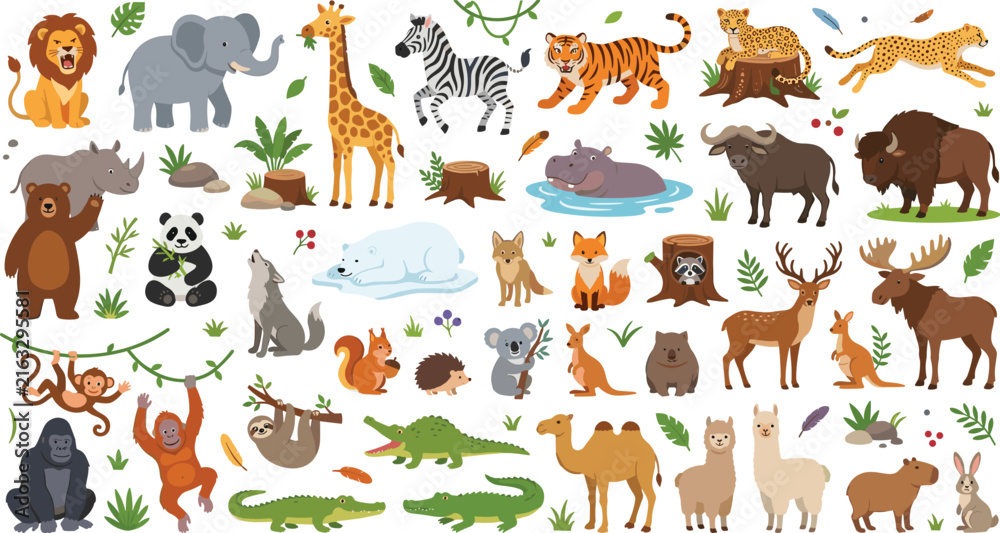 Obraz premium Cute cartoon safari and wild animals vector big collection with lion tiger elephant giraffe buffalo bear and jungle creatures
