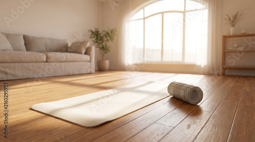 Bright home living room with yoga mat and foam roller in morning sunlight