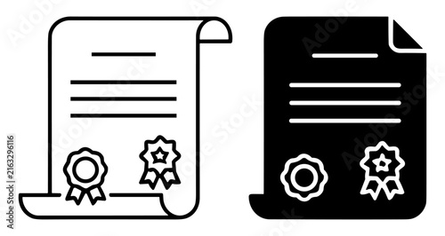 Black and white line art icons of mountains and pine trees in outline and filled styles on transparent background