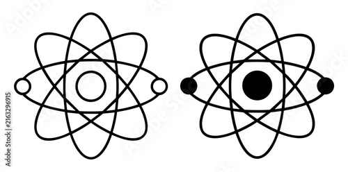 Black and white atom symbols with central nucleus and orbiting electrons representing atomic structure on transparent background