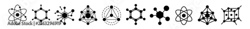 Black and white scientific molecular and atomic structure icons set including atoms, molecules, and geometric chemistry models on transparent background