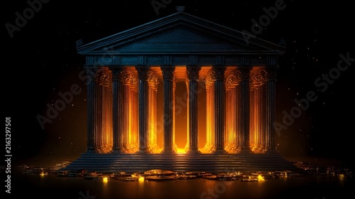 Obraz na płótnie Illuminated classical temple with glowing columns at night