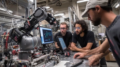 Robotic arm prototype testing phase, specialists monitoring performance 