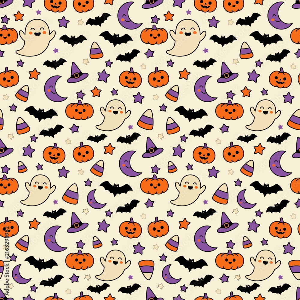 Fototapeta premium Cute Halloween seamless pattern vector. Funny ghosts, pumpkins, bats, candy corn. Kids spooky repeating texture for print, fabric, wrapping paper, invitations. isolated on White Background