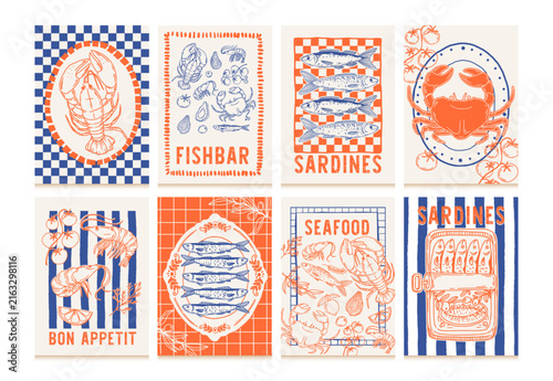 Seafood. Mediterranean food posters. Hand drawn fish on plates, lobster, crab, sardines, shrimp, shell, oyster. Italian cuisine banner for market, cafe, shop menu. Vector set