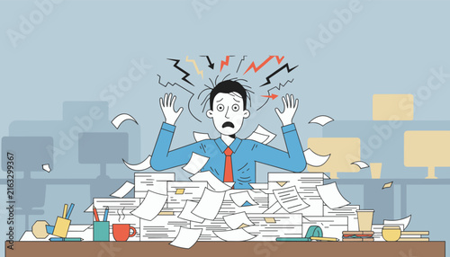 Overwhelmed office employee struggles with a massive pile of paperwork and chaotic work tasks at a busy desk in a stressful environment.