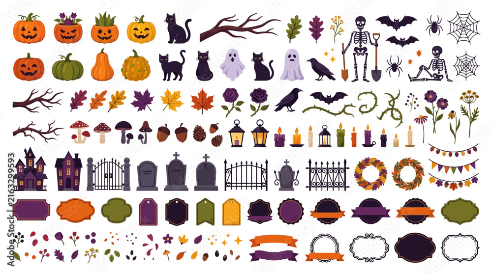 Obraz premium Halloween Vector Icon Set, Flat Design, Pumpkin, Ghost, Bat, Witch Hat, Magic Potion, Holiday Elements, Orange and Purple, Decorative Illustrations