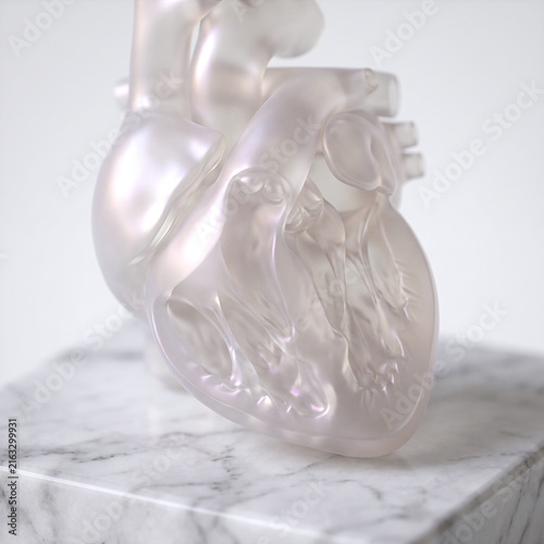 Anatomical Heart Model in Translucent Resin on White Marble Surface