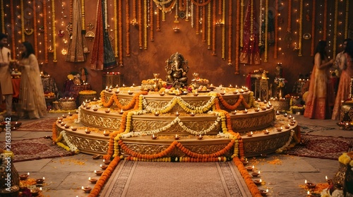 Traditional indian festival setup with a golden ganesha idol on a tiered platform decorated with marigold garlands and numerous lit oil lamps