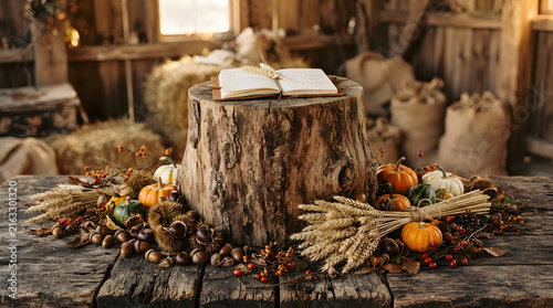 Rustic autumn harvest centerpiece with pumpkins, wheat, and tree stump on wooden table