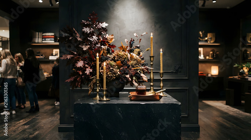 Elegant floral arrangement with gold vase and candlelight for luxury home decor and events