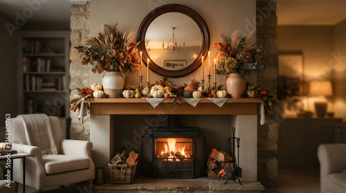 Cozy living room fireplace with autumn decor and warm burning logs at night