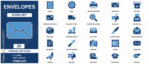 Envelopes set template with blue mail and postal service delivery line symbols blue color mail symbols