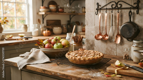 Fresh homemade apple pie cooling on rustic wooden kitchen counter with autumn harvest ingredients