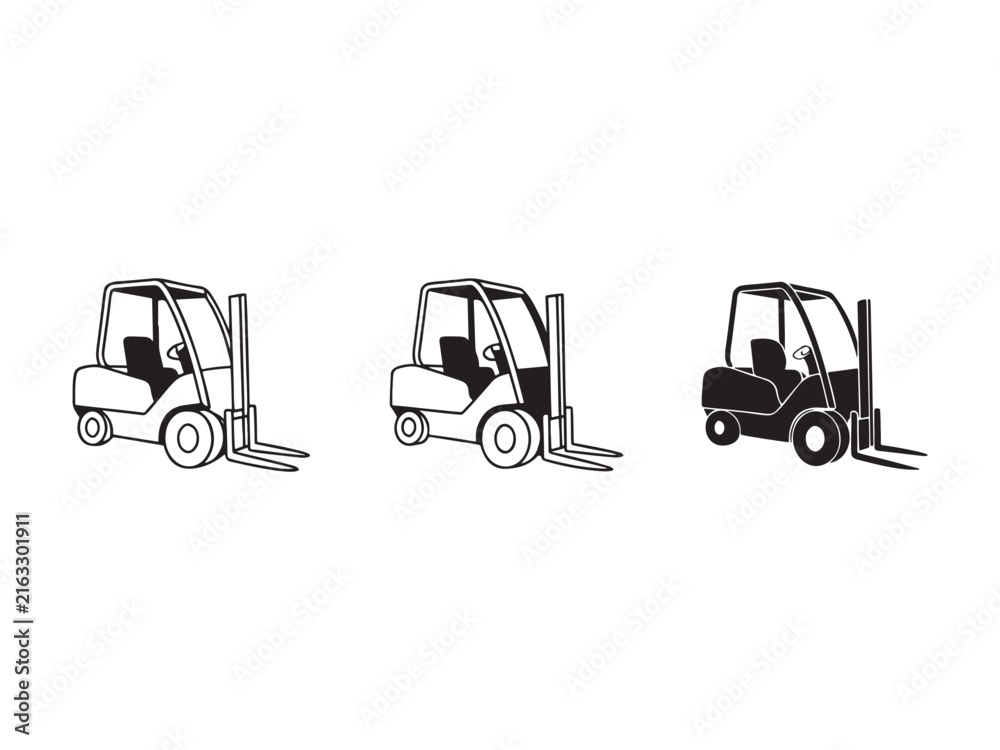 Naklejka premium Three different forklift trucks in various line art styles and colors side by side