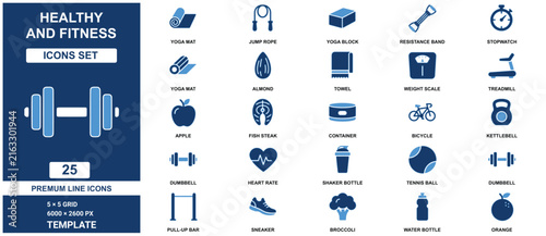 Healthy and fitness set template with twenty five blue gym exercise and nutrition symbols