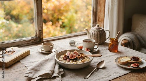 Cozy autumn breakfast spread with eggs, oatmeal, coffee, and fresh bread by sunny window